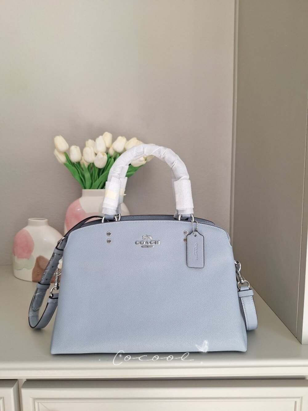 NEW Coach Medium Lillie Carryall Crossgrain Leather Bag Satchel Blue 91493 $450